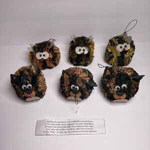 NEW Lot 6 Ganz Pom Pom Animal Recycled Owl Bear Creature Christmas Ornaments